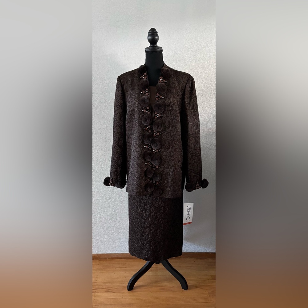 Carissimo Brown Brocade 3 pc Skirt Suit w/Faux Fur, NWT, Size 18